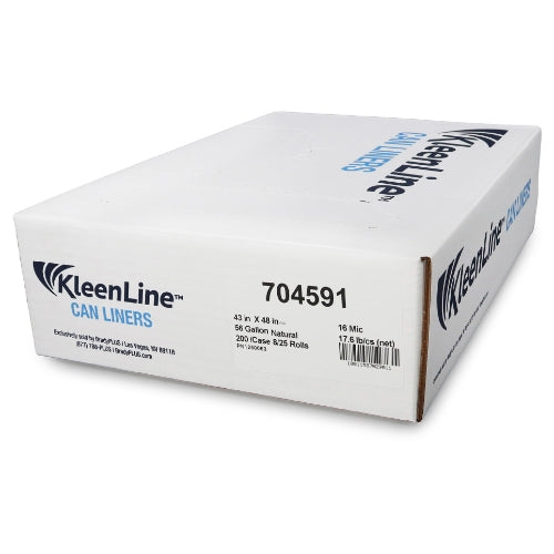 KleenLine Can Liner 43x48 16 MIC Clear, 56 Gallon Capacity, 8 rolls of 25 liners, 200 Count