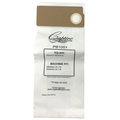 Captive Filtration Vacuum Bags Fits Advance L/A 114 & 118, 703910, 56703910 (10 Pack)