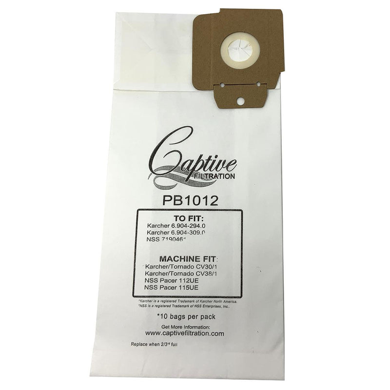 Captive Filtration Vacuum Bags Fits Tornado Clean Breeze, Cv38, Cv48 (10 Pack)