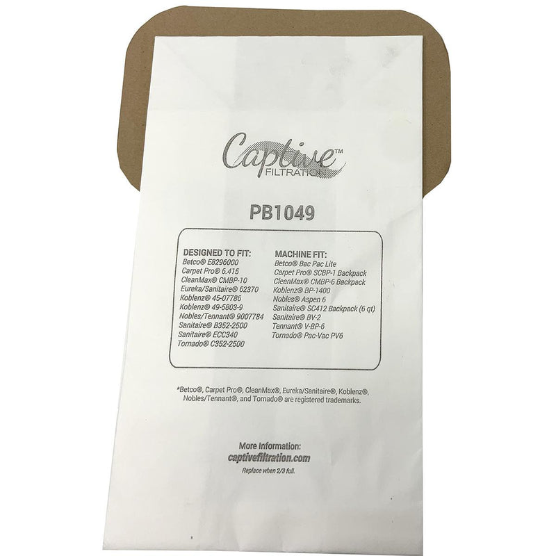 Captive Filtration Vacuum Bags (10 Pack), Fits Tennant V-Bp-6 & Sanitaire Sc412