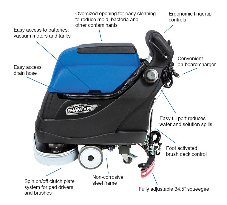 Powr-Flite Phantom, Floor Scrubber, 24", 16 Gallon, Battery, Self Propel, Disk